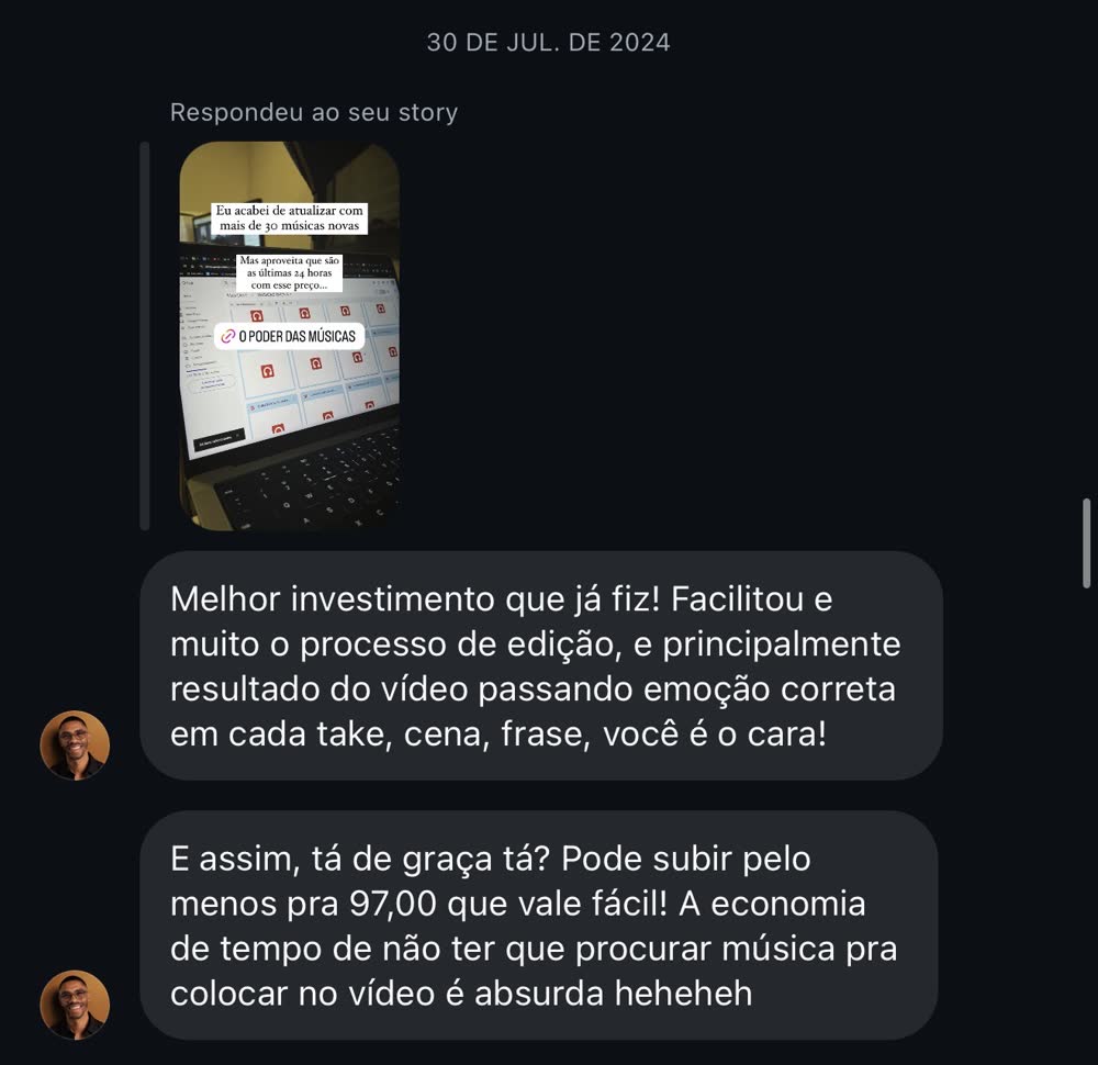 Cliente diz que foi o melhor investimento que já fez e que o pack facilitou muito a edição